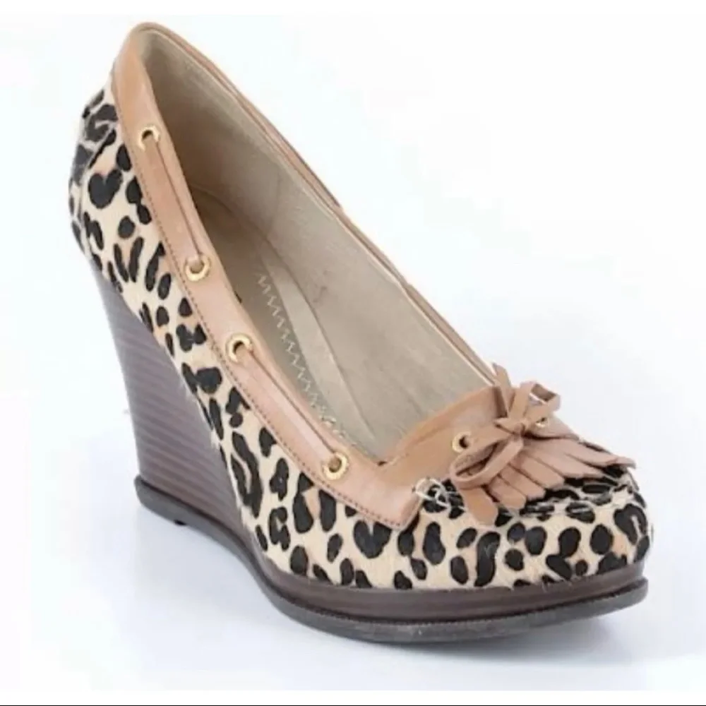 Sperry Sz 7.5 M Leopard Calf Hair Brown Leather Wedge Loafer Boat Shoe Kiltie